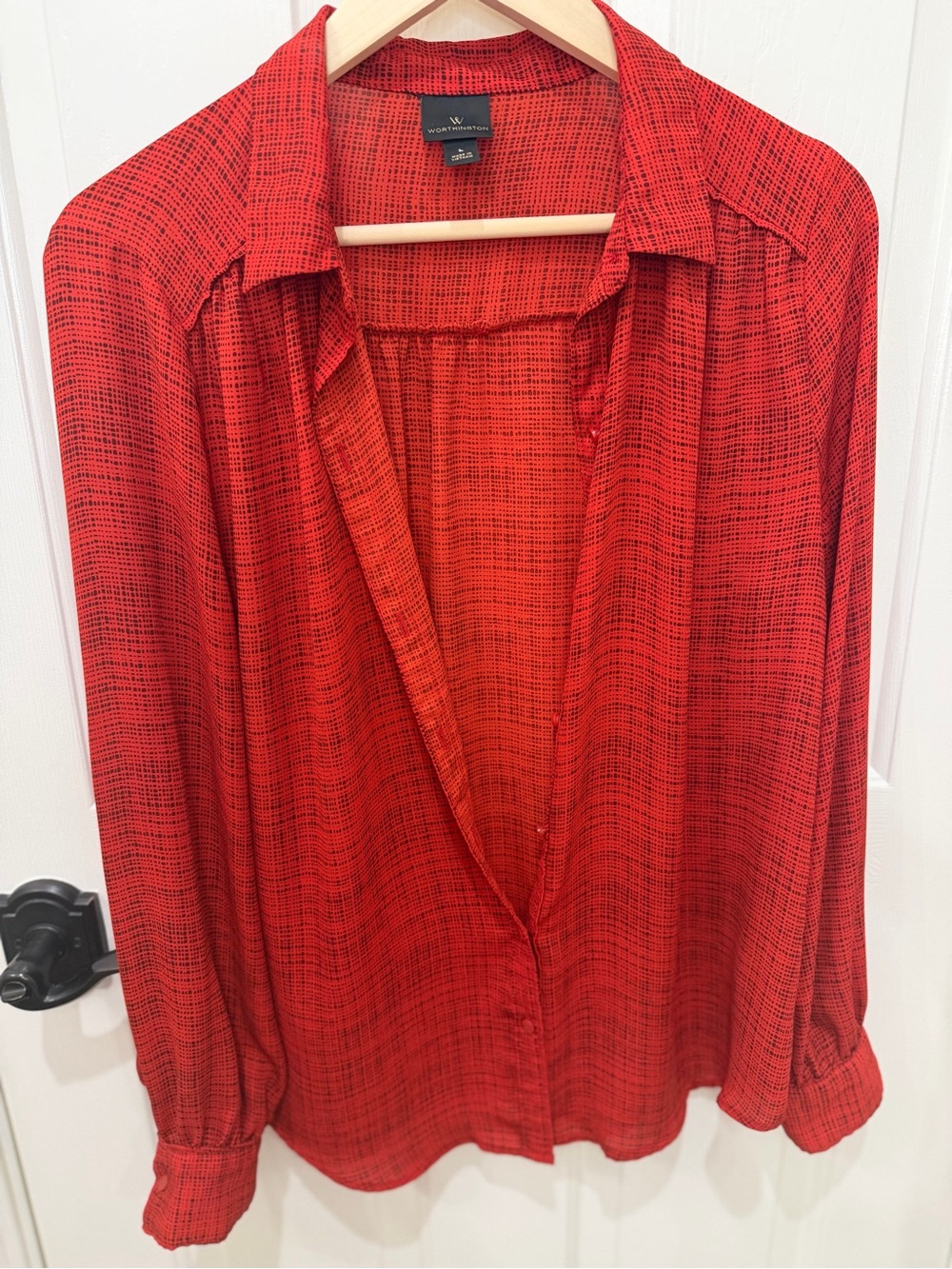 Worthington Red Plaid-Look Button-Up Blouse
